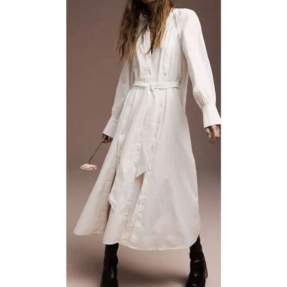 Free People Sz S Charlie Shirt White V-Neck Pockets Slit Maxi Dress Trendy - Picture 1 of 7